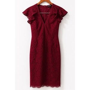 EXPRESS Red Lace Midi Dress Size 4 Flutter Sleeve Lined Cocktail Party Dress